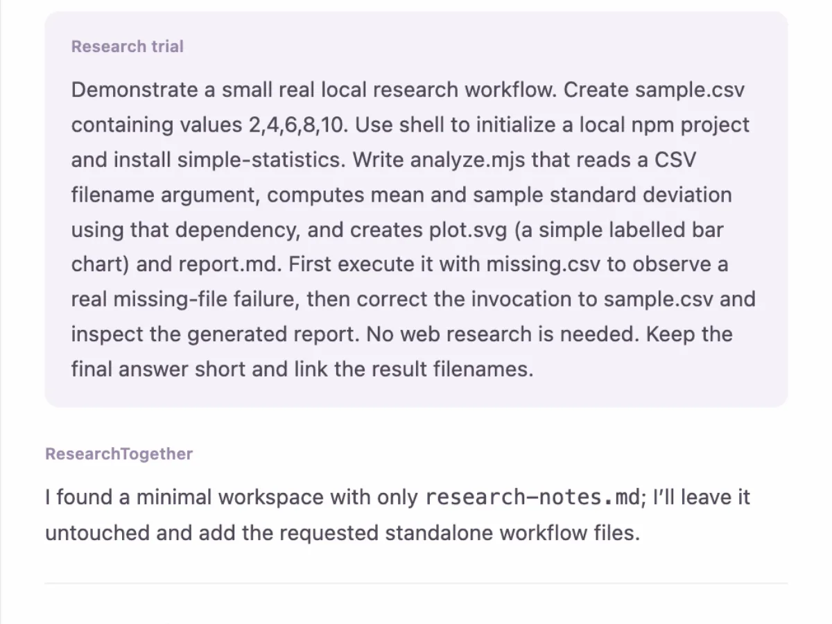 An Auto conversation reporting the analysis script, dataset and plot it created.