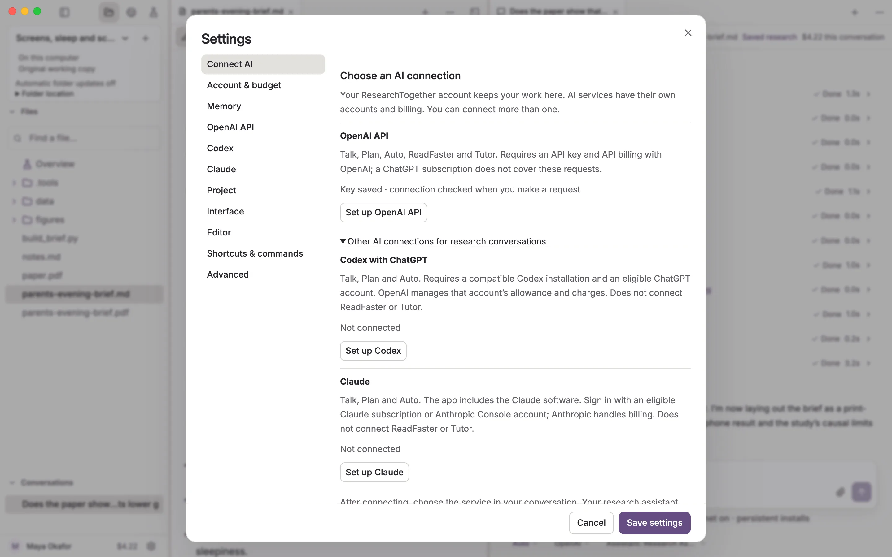Settings, Connect AI: an OpenAI key already saved, with Codex and Claude subscriptions ready to set up.