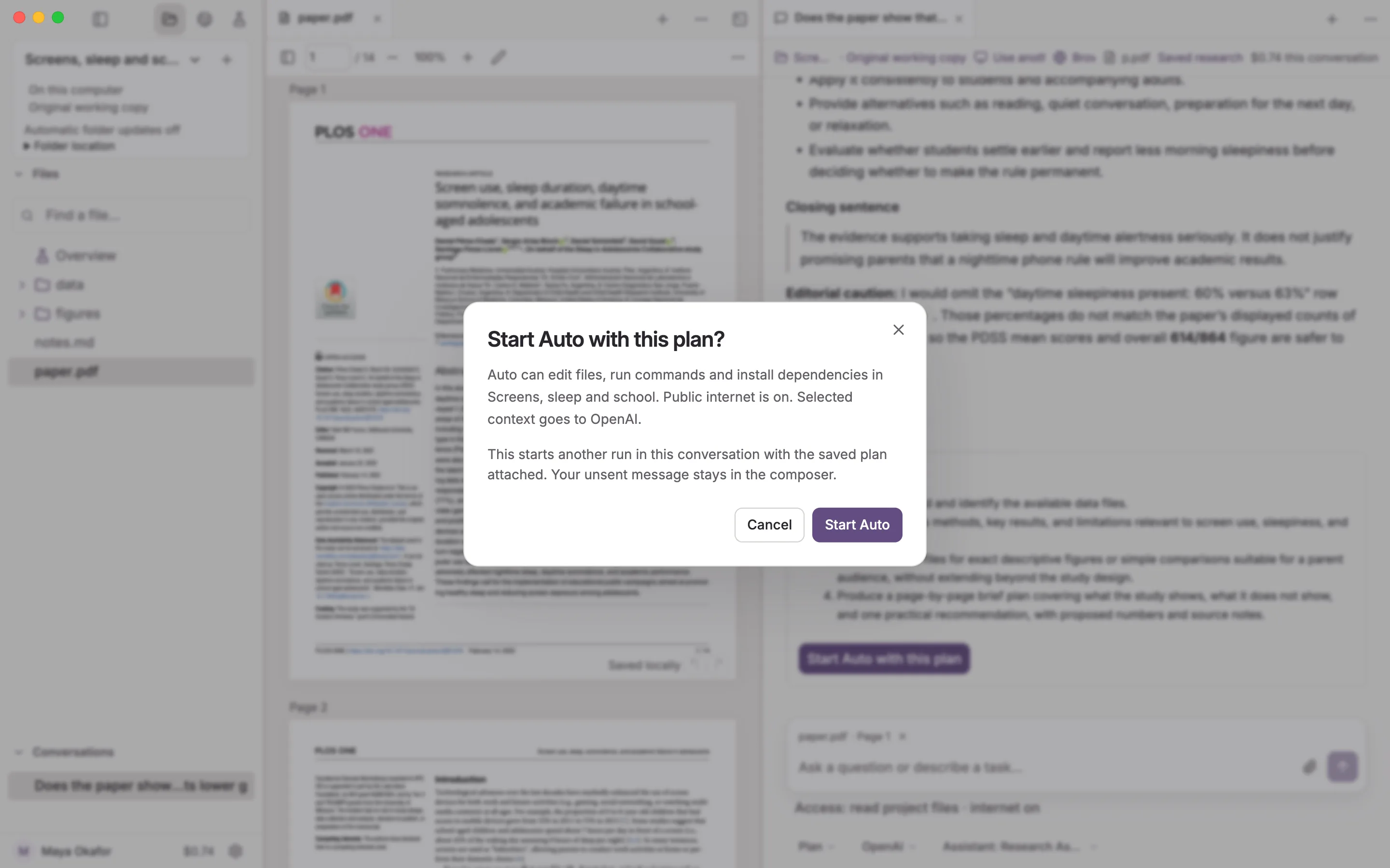 The confirmation shown before Auto starts, listing what it may touch: the project files, the internet and where text is sent.
