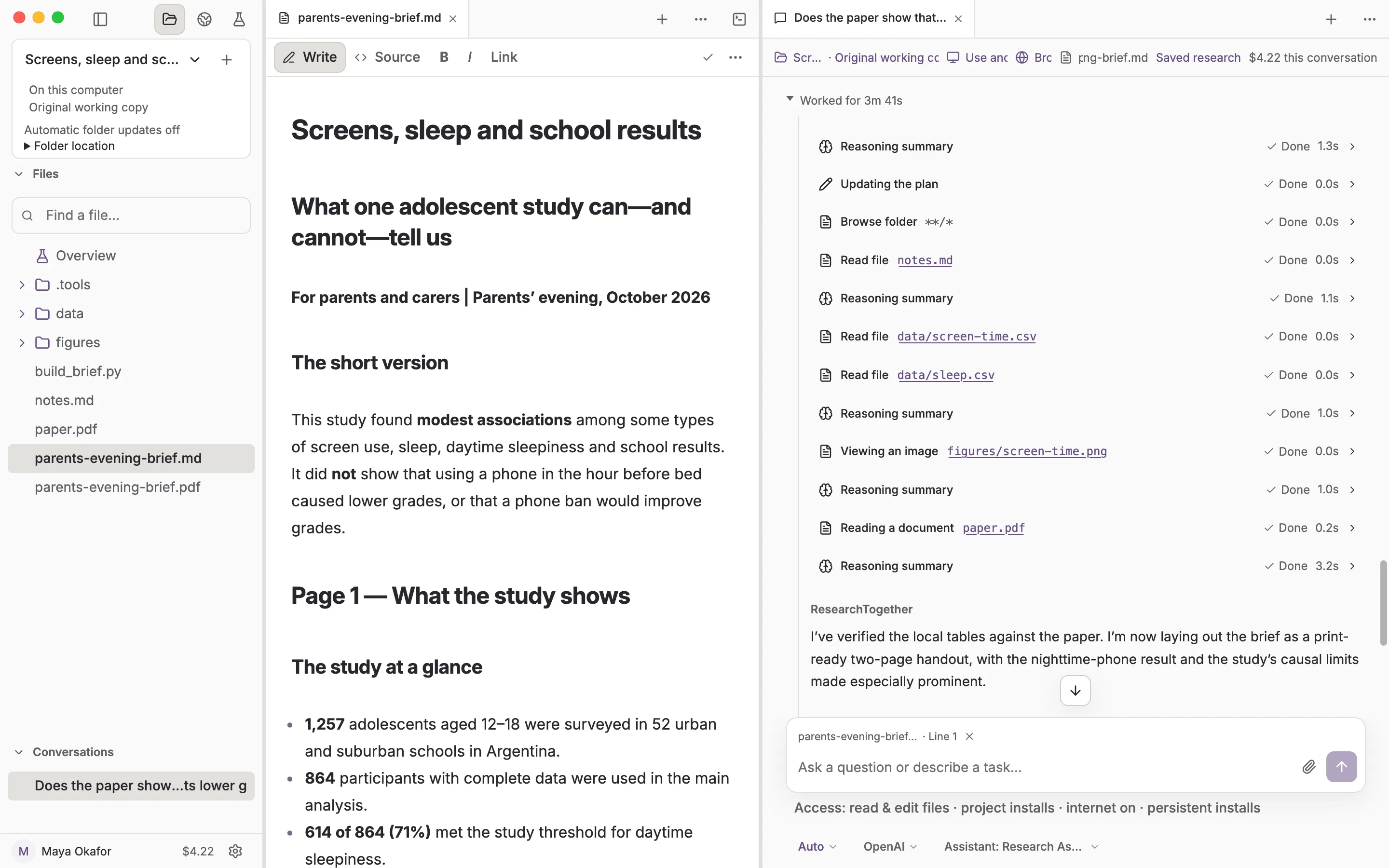 The record of an Auto run: each file it read, the figure it looked at and the paper it checked, listed step by step inside the conversation, with its running cost of $4.22 at the top.
