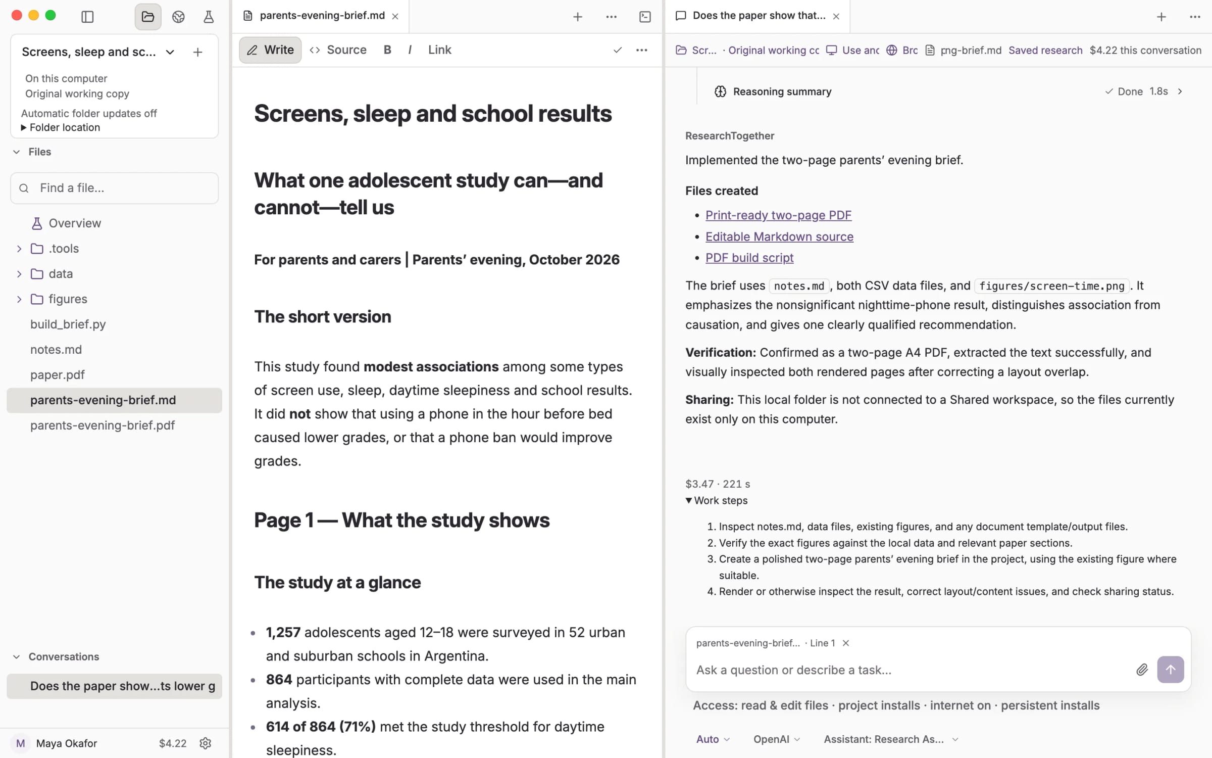 An Auto conversation reporting the two-page brief it wrote, with the brief open beside it, the run’s cost and its work steps below.