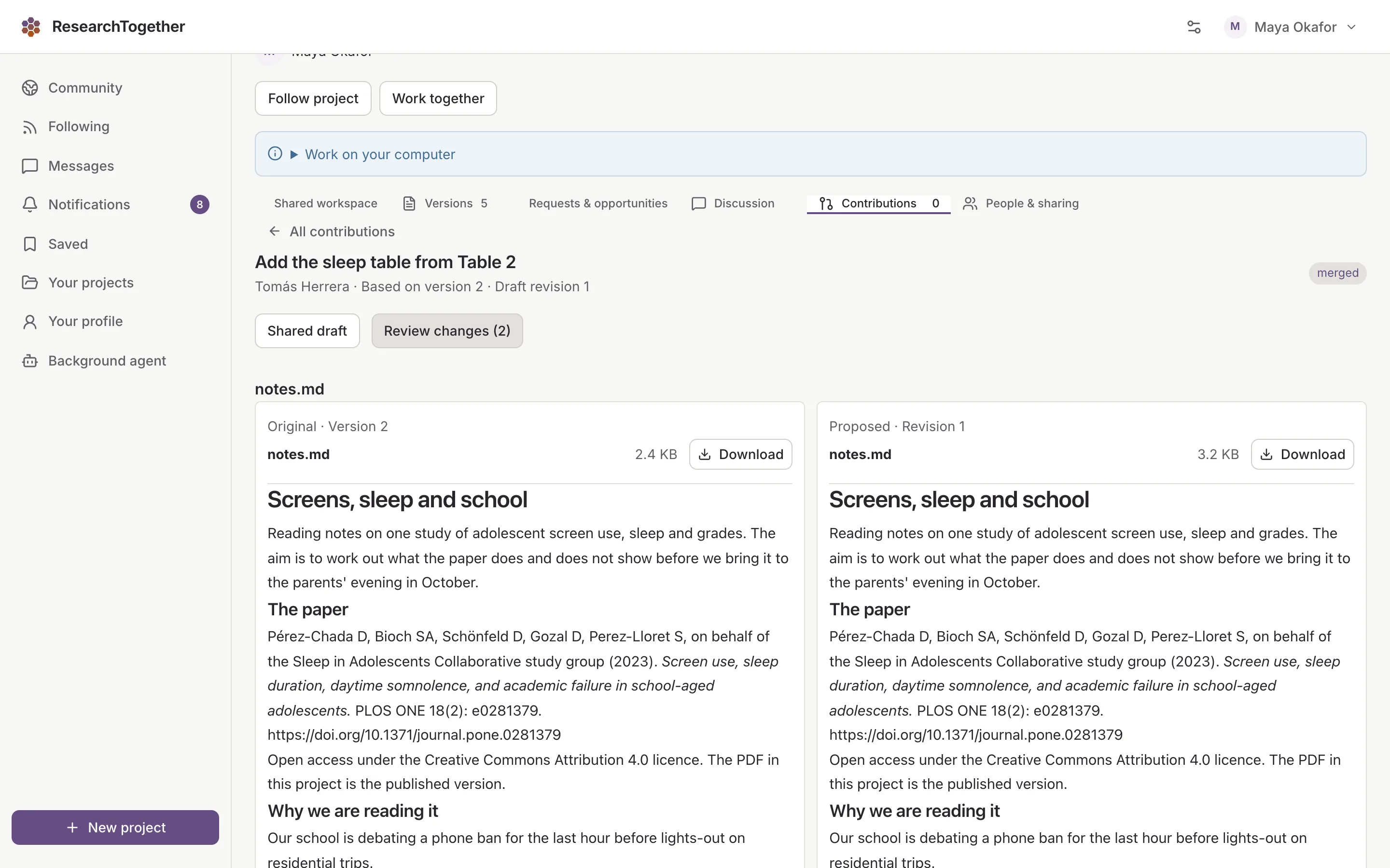 A merged contribution by Tomás Herrera, "Add the sleep table from Table 2", with the original and proposed notes side by side.