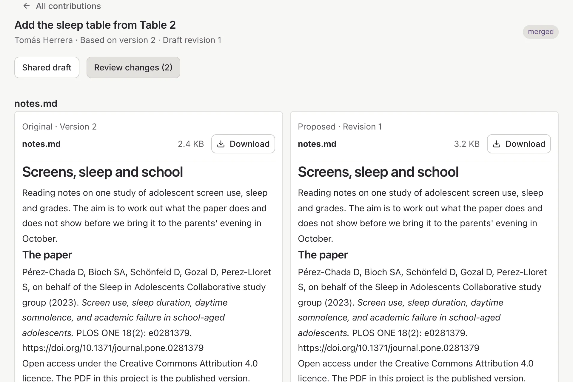 A contribution marked merged and credited to Tomás Herrera, showing the original notes beside his proposed revision.