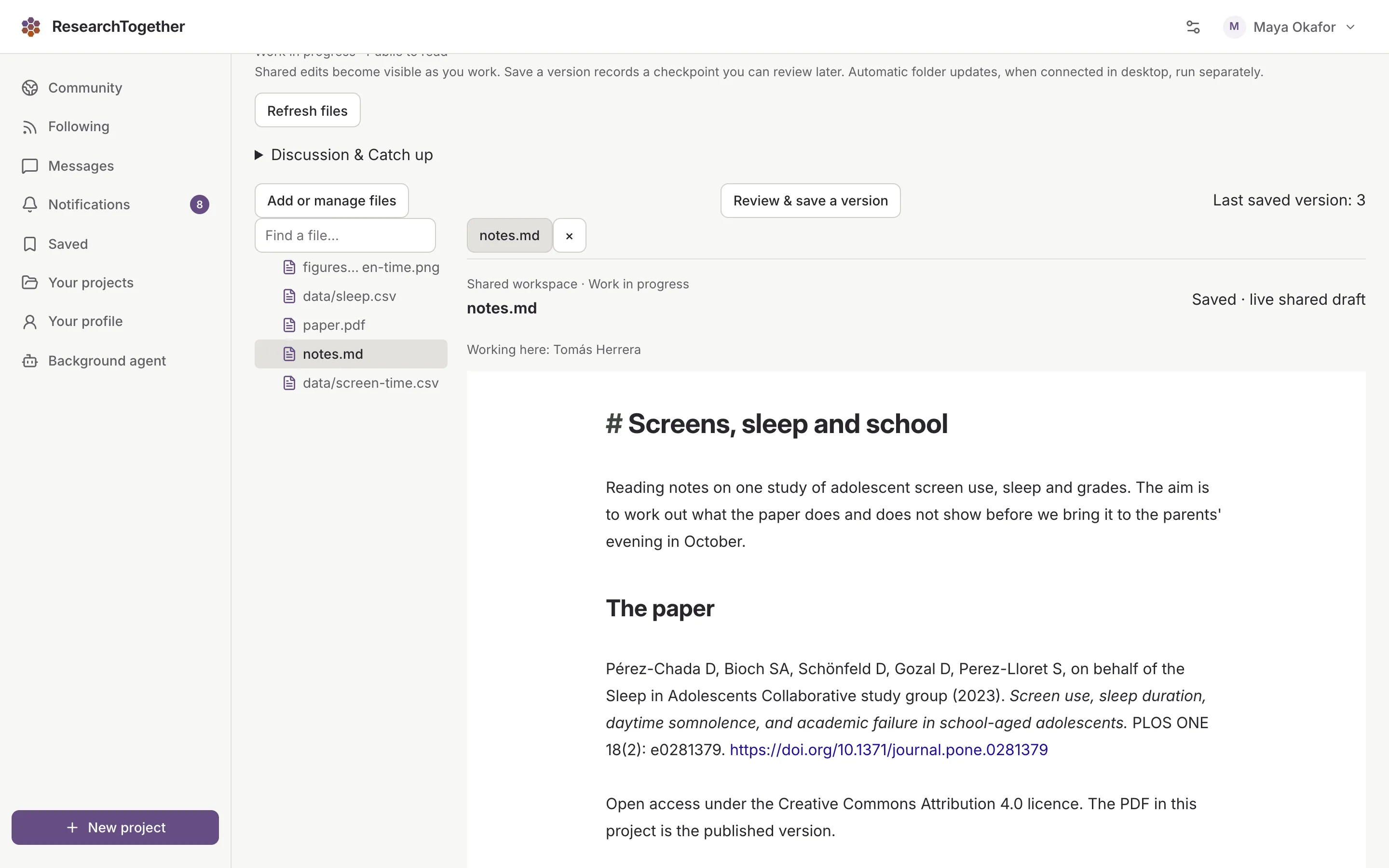 The shared workspace with the notes open as a live draft, the file list on the left and "Working here: Tomás Herrera" above the text.