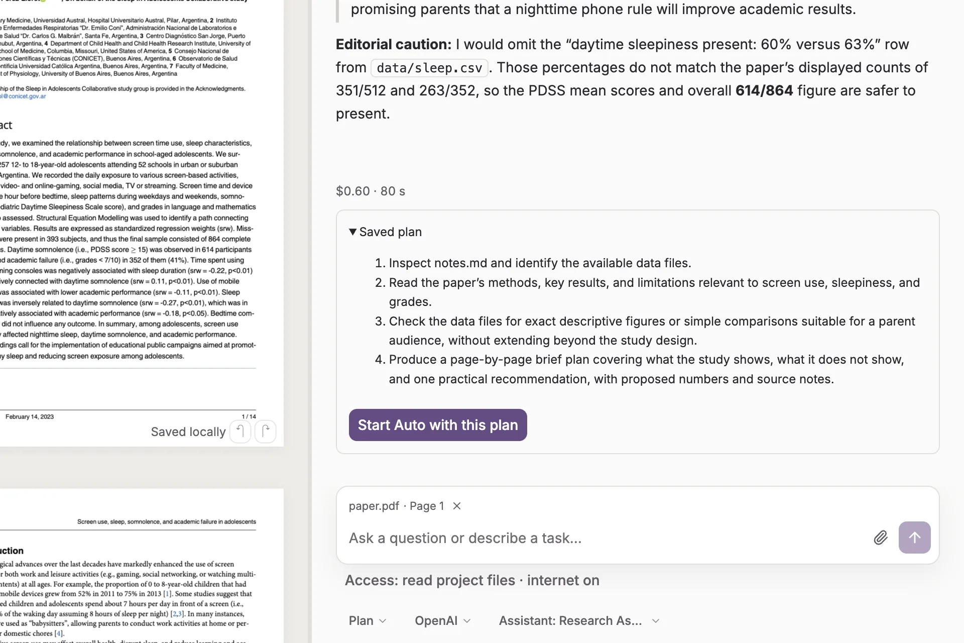 A Plan reply that flags a mismatch in the paper’s own table, then the saved four-step plan with a button to start Auto.