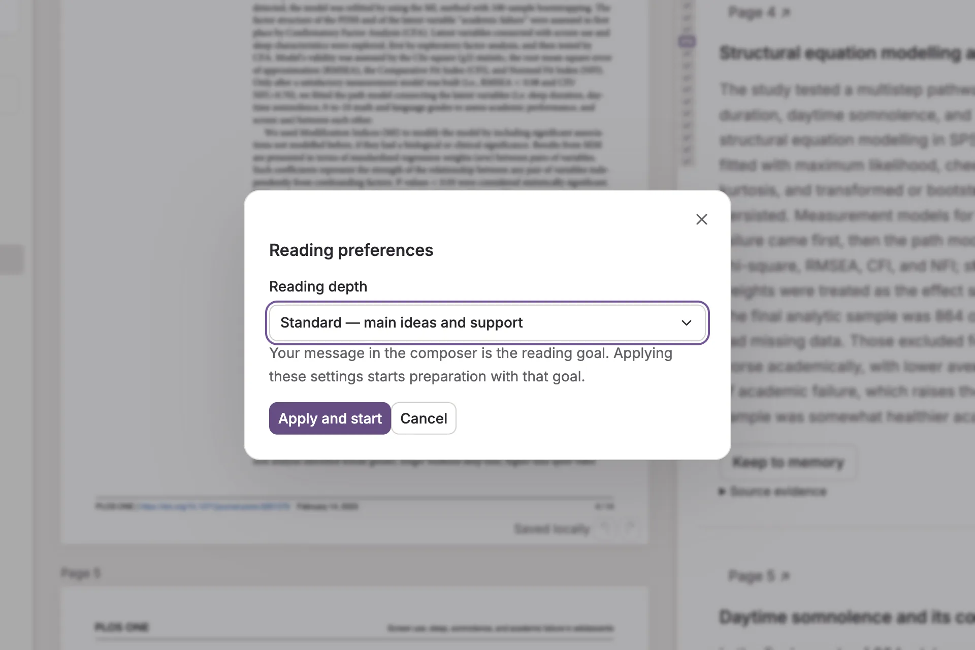 Reading preferences with the reading depth set to Standard, main ideas and support, ready to apply and start.