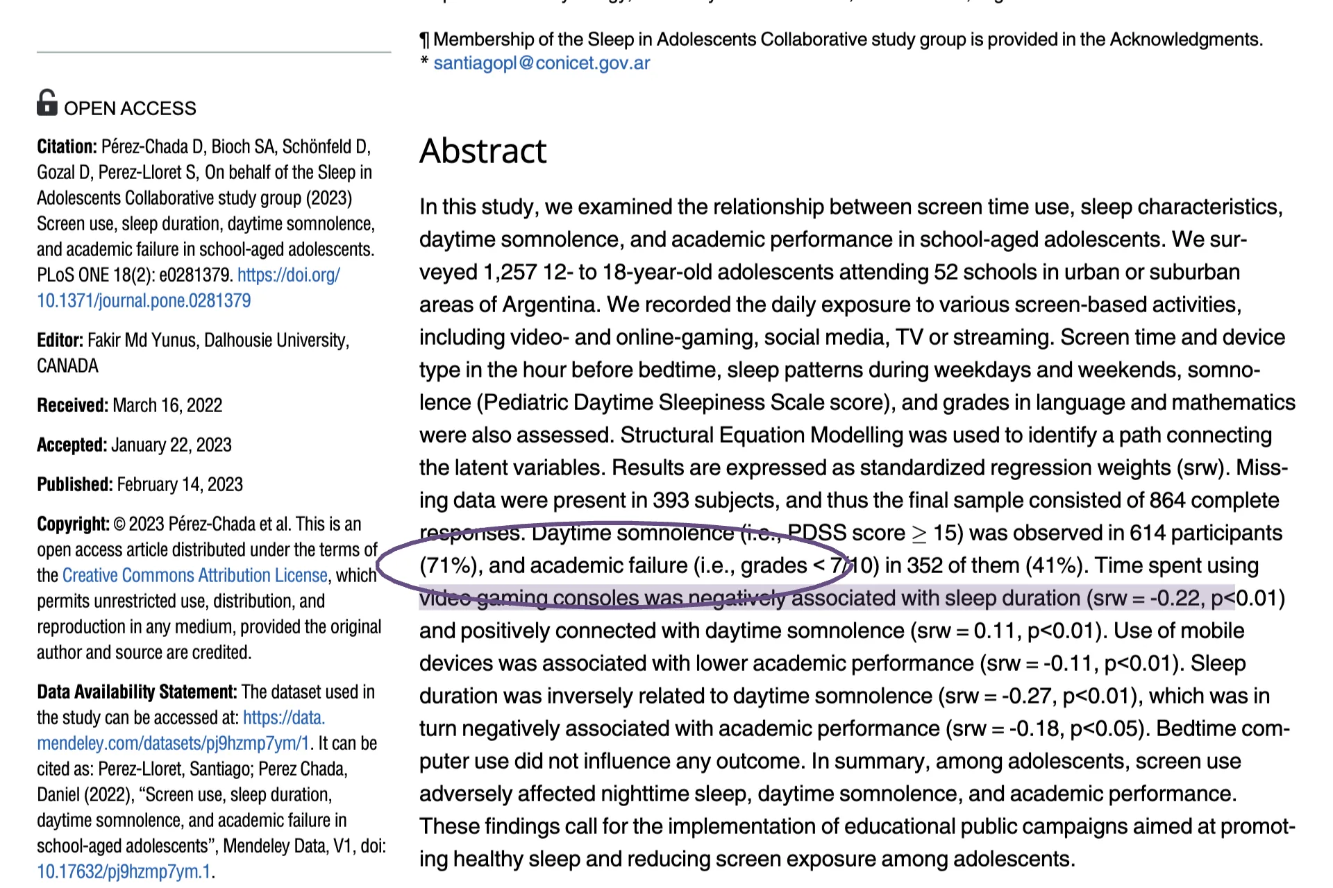 A highlighted sentence and a hand-drawn circle around a result in the paper’s abstract.