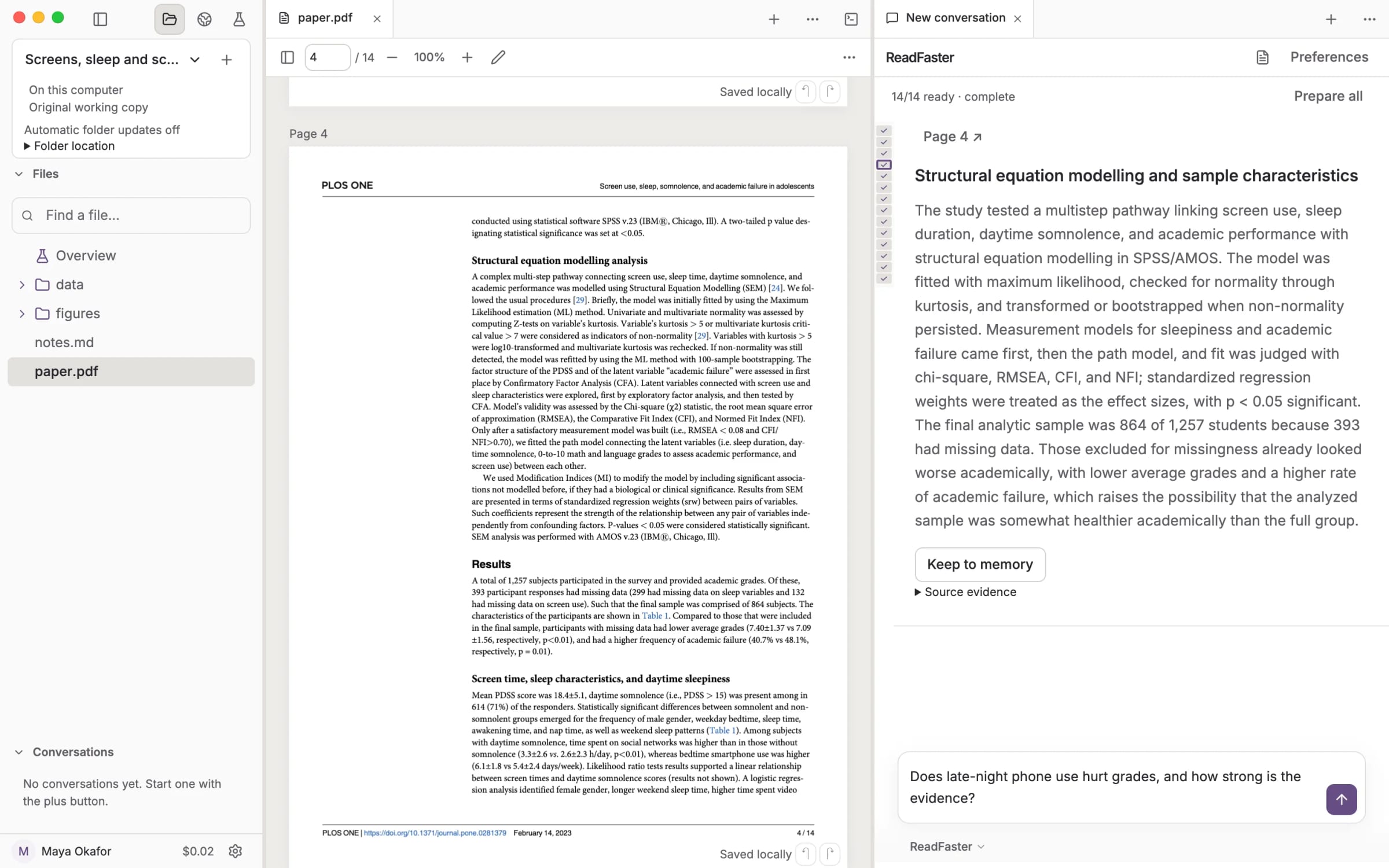 A page of the paper on the left and ReadFaster’s plain summary cards for each page on the right, one card showing the sentences it came from.
