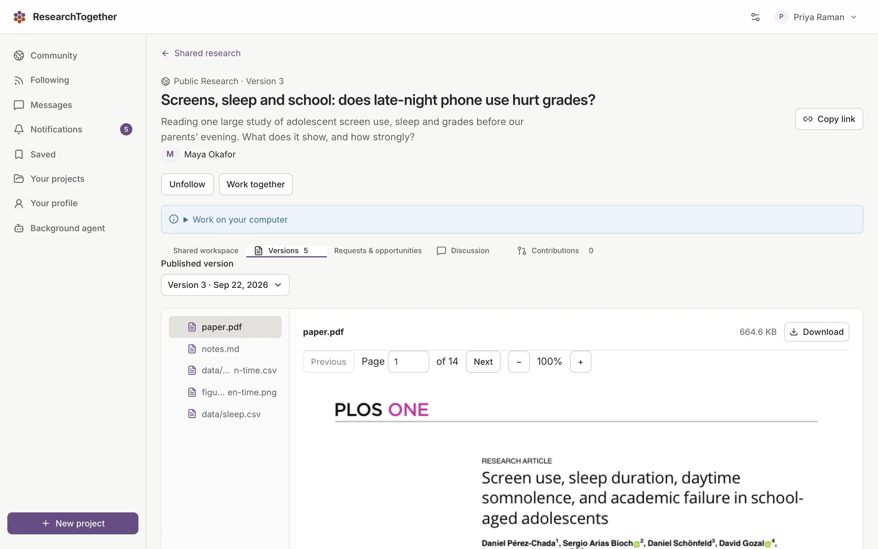 A shared project at version 3, "Screens, sleep and school", opened by a contributor: its five files listed on the left and page one of the paper on the right.