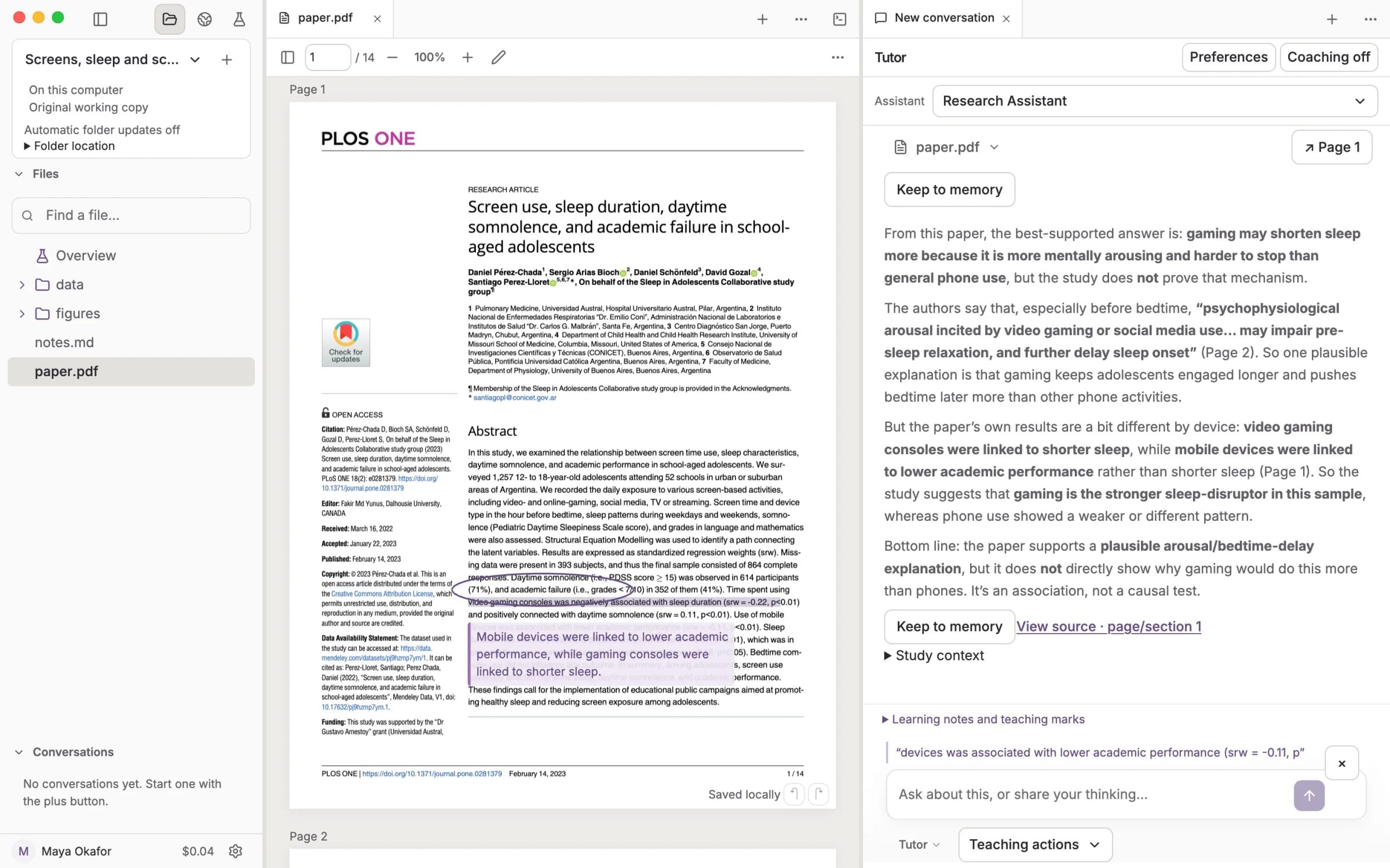 Tutor answering beside the paper, with a note it pinned on the page next to the reader’s highlight and circle, and a link back to the source page.