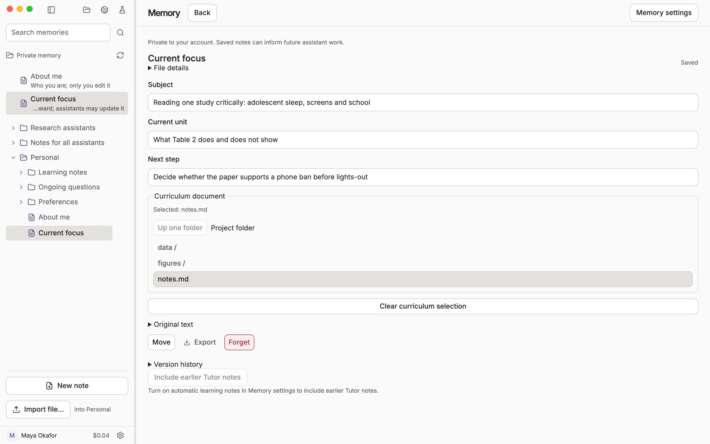 Memory, Current focus: the learning plan Tutor keeps, with the subject, current unit and next step as editable fields and the project’s notes chosen as the curriculum.